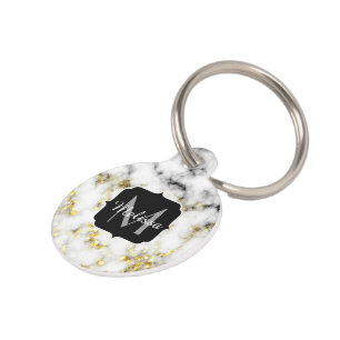 Black and white marble gold sparkle flake Monogram Pet Tag