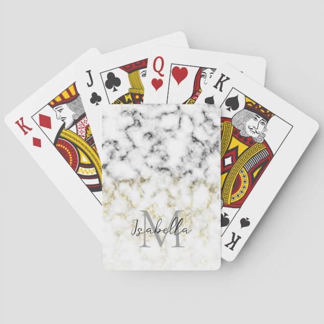 Black and white marble gold sparkle flake Monogram Playing Cards (Back)