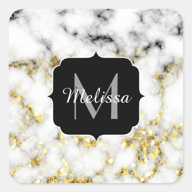 Black and white marble gold sparkle flake Monogram Square Sticker (Front)