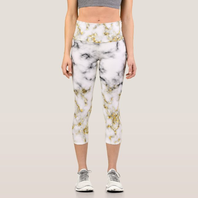 Black and white marble gold sparkle flakes capri leggings (Front)