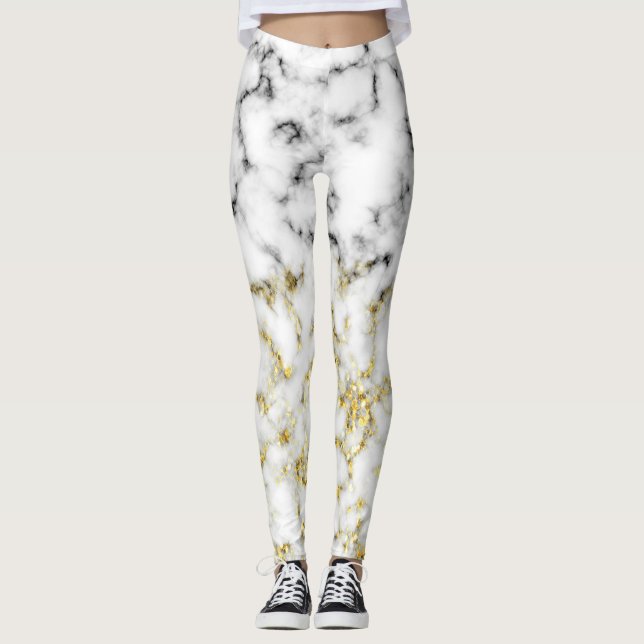 Black and white marble gold sparkle flakes leggings (Front)