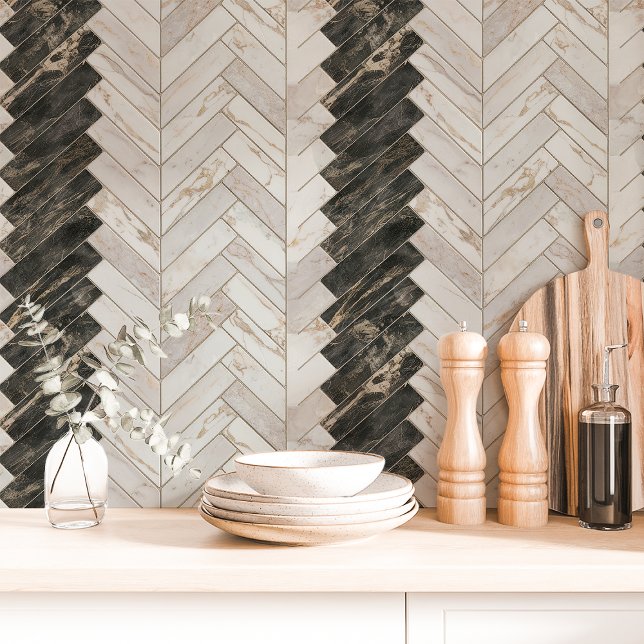 Black and White Marble Herringbone Chevron Wallpaper (Creator Uploaded)