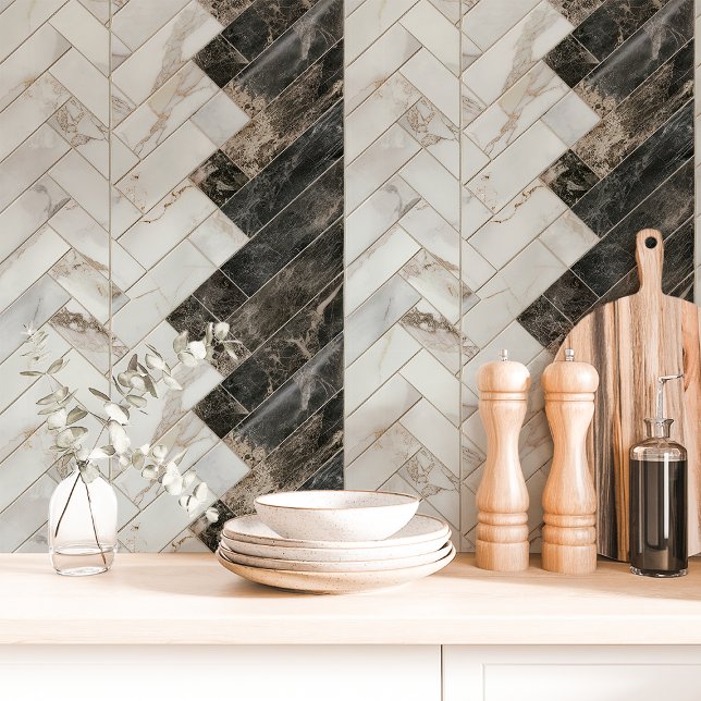 Black and White Marble Herringbone Wallpaper (Creator Uploaded)