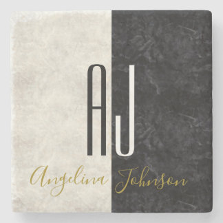 Black and White Marble Initials Monogrammed Stone Coaster