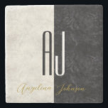 Black and White Marble Initials Monogrammed Stone Coaster<br><div class="desc">Modern,  black and white marble in combination with gold custom casual font name. Simple,  minimal stone coaster,  with giant initials. 
All graphic elements are free for change,  move or even remove - make your best combination!</div>
