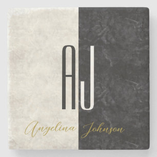 Black and White Marble Initials Monogrammed Stone Coaster