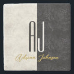 Black and White Marble Initials Monogrammed Stone Coaster<br><div class="desc">Modern,  black and white marble in combination with gold custom casual font name. Simple,  minimal stone coaster,  with giant initials. 
All graphic elements are free for change,  move or even remove - make your best combination!</div>