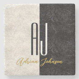 Black and White Marble Initials Monogrammed Stone Coaster