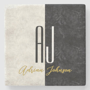 Black and White Marble Initials Monogrammed Stone Coaster
