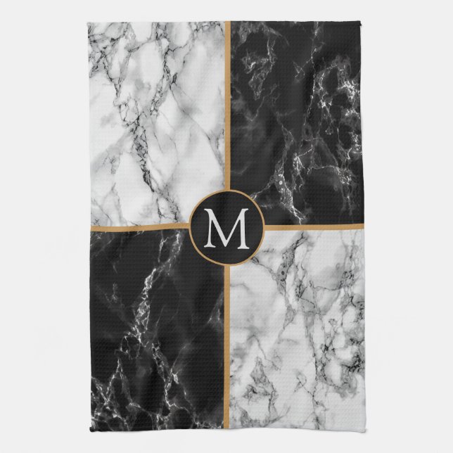 Black and White Marble Monogram Kitchen Towel (Vertical)