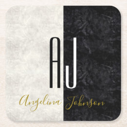 Black and White Marble Monogrammed Square Paper Coaster