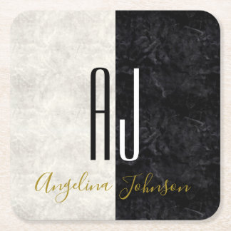Black and White Marble Monogrammed Square Paper Coaster