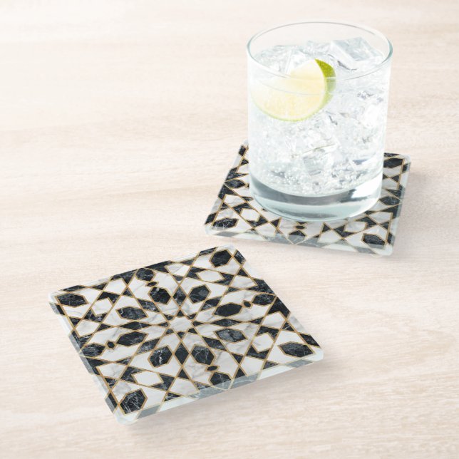 Black and White Marble Moroccan Mosaic Glass Coaster (Angled)