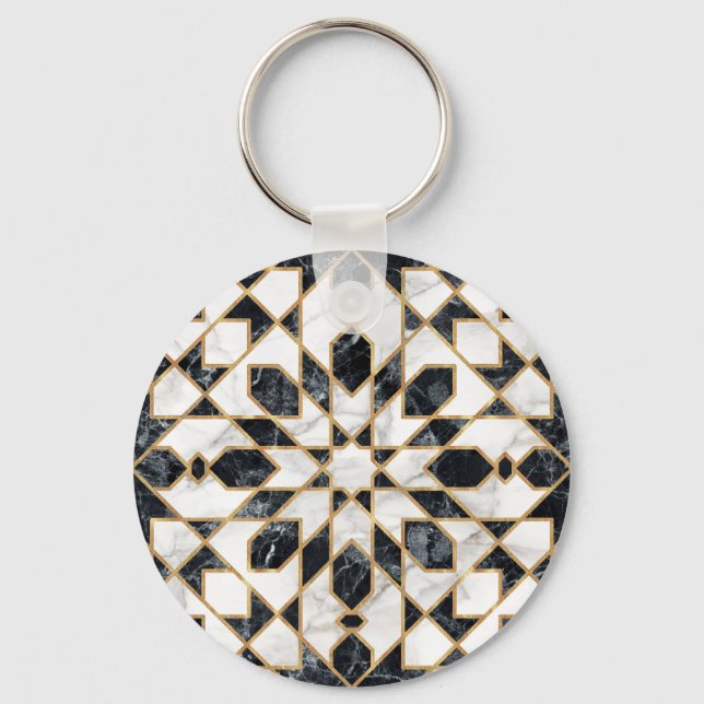 Black and White Marble Moroccan Mosaic Key Ring (Front)