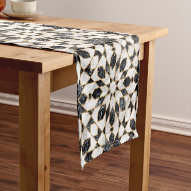 Black and White Marble Moroccan Mosaic Short Table Runner (In Situ)