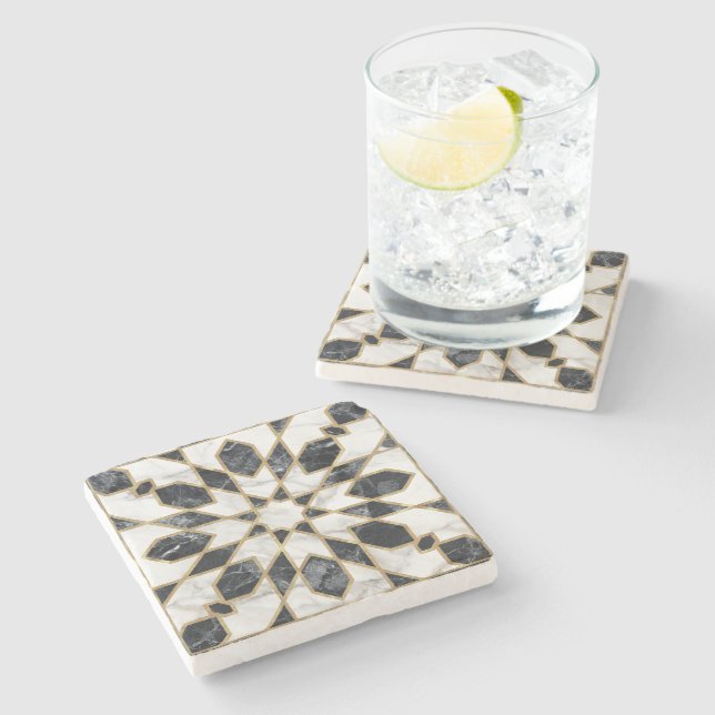 Black and White Marble Moroccan Mosaic Stone Coaster (Side)