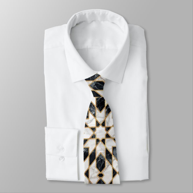 Black and White Marble Moroccan Mosaic Tie (Tied)