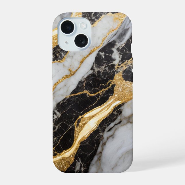 Black and White Marble Pattern with Gold iPhone 15 Case (Back)