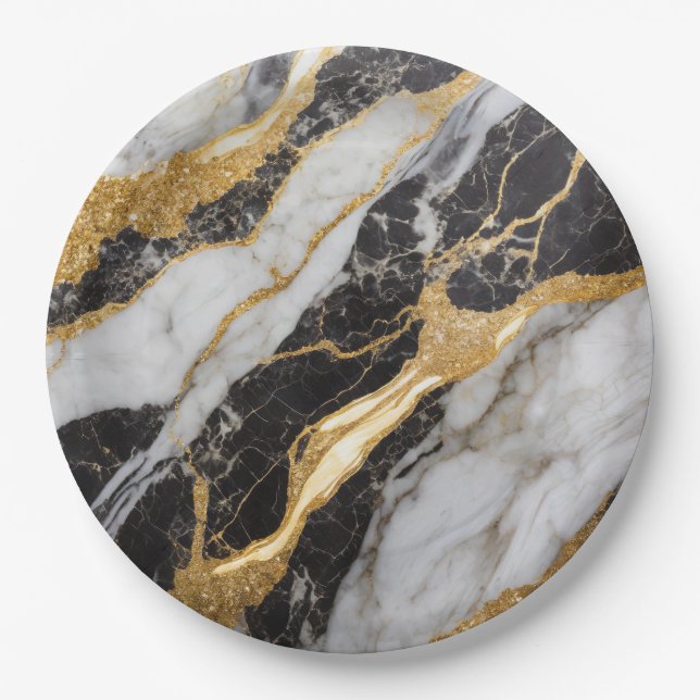 Black and White Marble Pattern with Gold Paper Plate (Front)