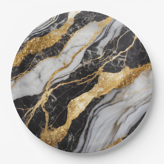 Black and White Marble Pattern with Gold Paper Plate (Front)