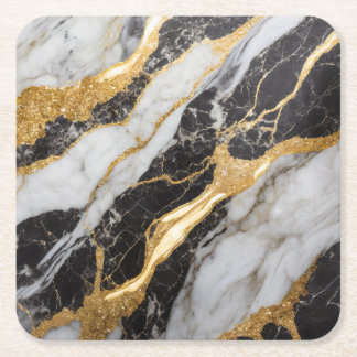 Black and White Marble Pattern with Gold Square Paper Coaster