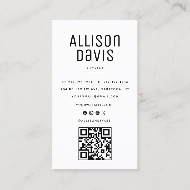 Black and White Marble QR Code  Business Card (Back)