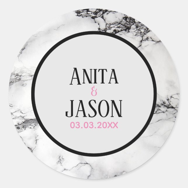 Black And White Marble- Save The Date Classic Round Sticker (Front)