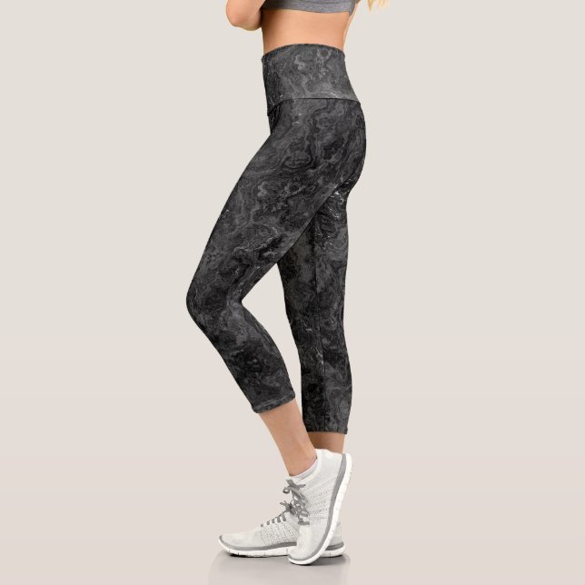Black and White Marble Swirl Abstract Capri Leggings (Left)