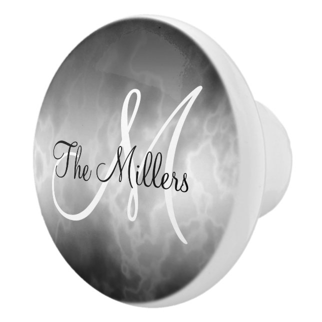 Black and White Marble with Name and Initial Ceramic Knob (Right)