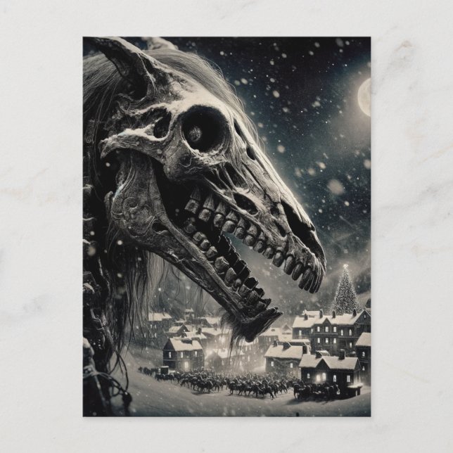 Black and White Mari Lwyd Skeleton Christmas Postcard (Front)