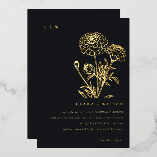 Black And White Marigold Floral Sketch Wedding (Front/Back)