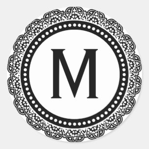 Black And White Medallion Custom Initial Classic Round Sticker
