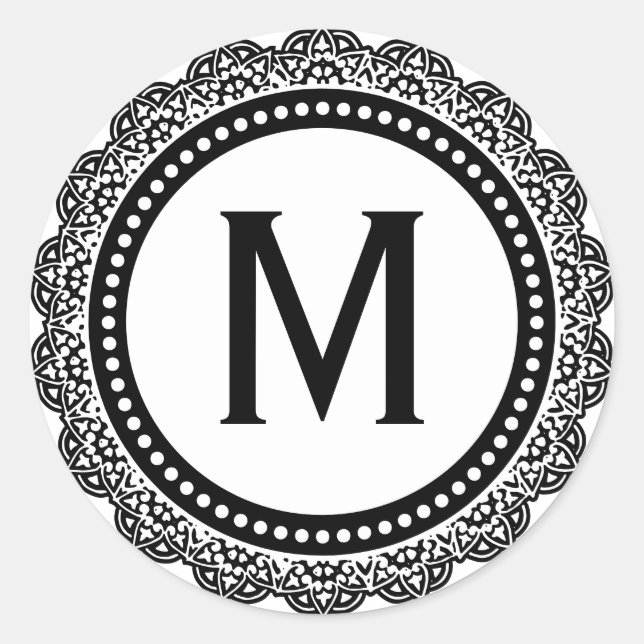 Black And White Medallion Custom Initial Classic Round Sticker (Front)