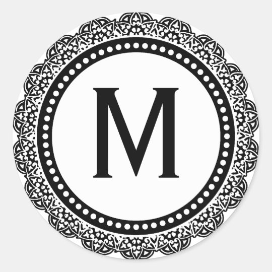 Black And White Medallion Custom Initial Classic Round Sticker