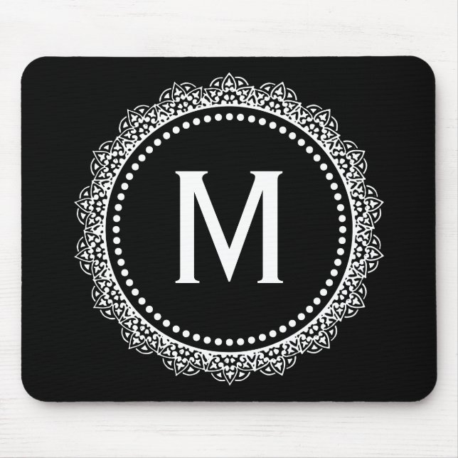 Black And White Medallion Custom Initial Mouse Mat (Front)