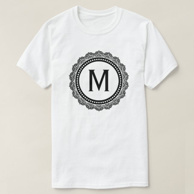 Black And White Medallion Custom Initial T-Shirt (Design Front)