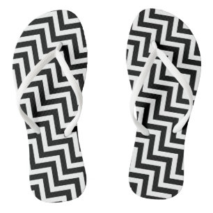 Black and White Medium Diagonal Chevron Stripes Flip Flops