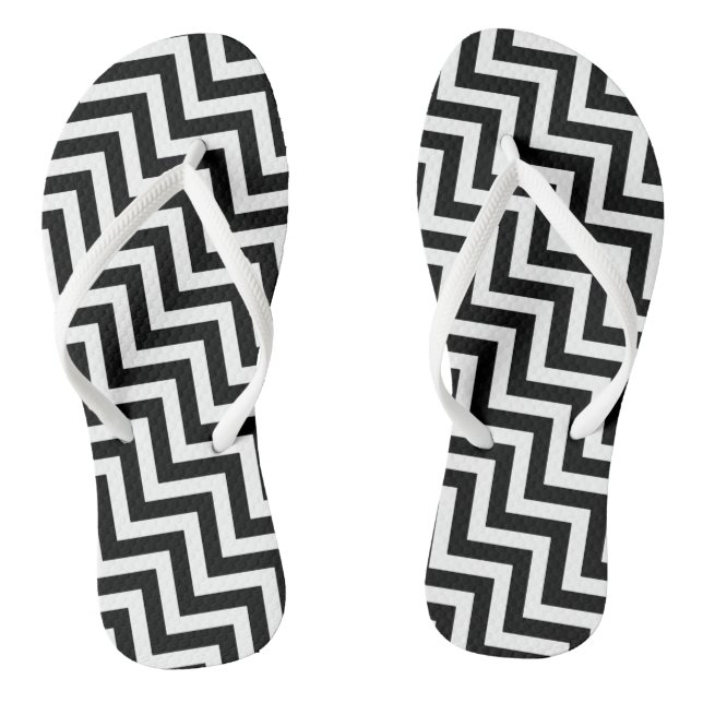 Black and White Medium Diagonal Chevron Stripes Flip Flops (Footbed)
