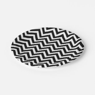 Black and White Medium Size Chevron Stripes Paper Plate