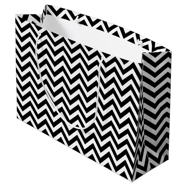 Black and White Medium Size Horizontal Chevron Large Gift Bag (Back Angled)