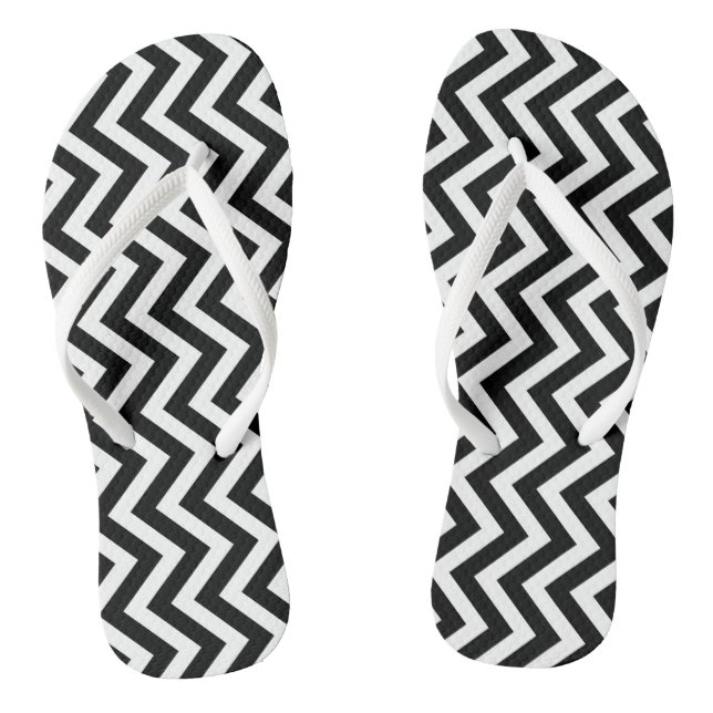 Black and White Medium Vertical Chevron Stripes Flip Flops (Footbed)