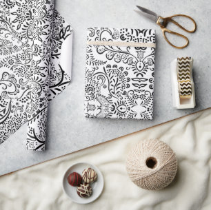 Black and White Mehndi Paisley Indian Pattern Wrapping Paper