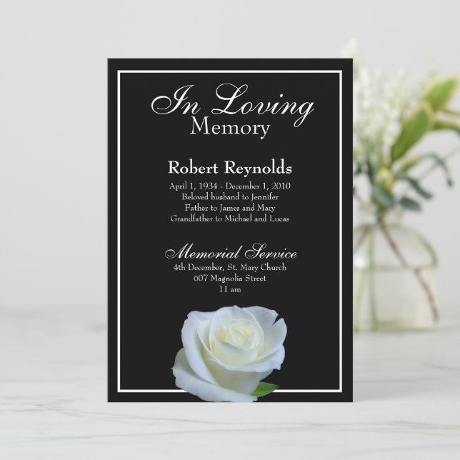 Black and White Memorial or Funeral Service Photo Invitation (Standing Front)