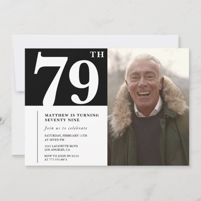 Black and White Men 79th birthday Invitation (Front)