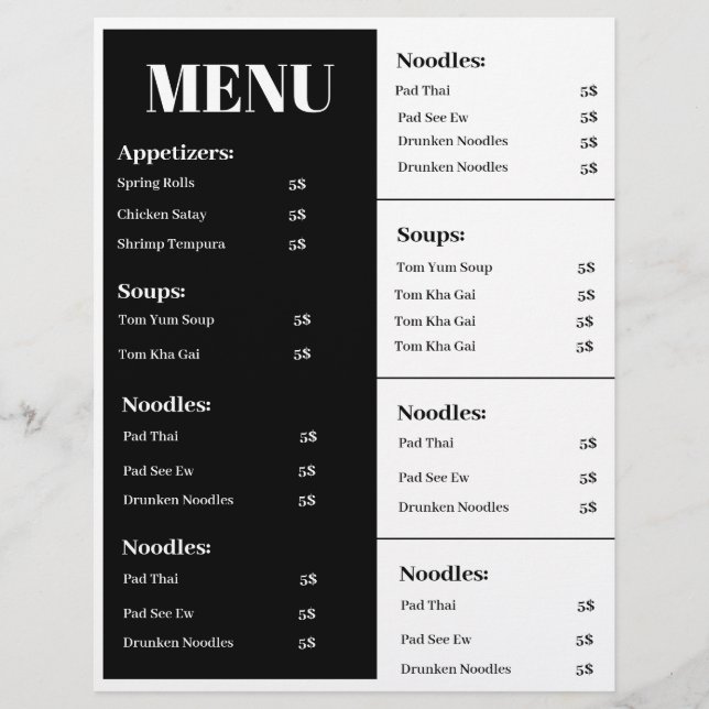 Black and white menu design, simple menu design (Front)