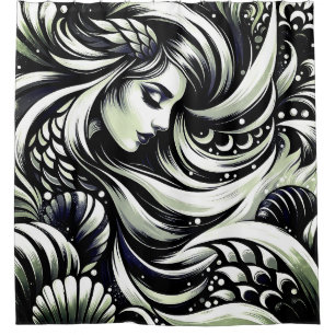 “Black and White Mermaid- Vintage Elegance" Shower Curtain