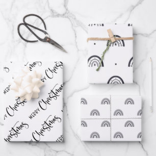 Black and White Merry Christmas Rainbow Wrapping Paper Sheet