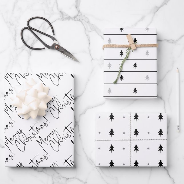 Black and White Merry Christmas Script Tree Wrapping Paper Sheet (Front)