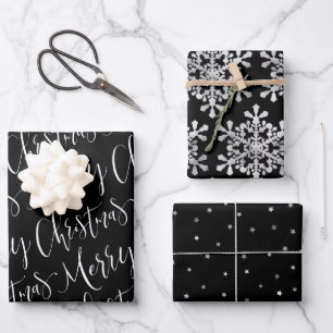 Black and white Merry Christmas Snowflakes set Wrapping Paper Sheet