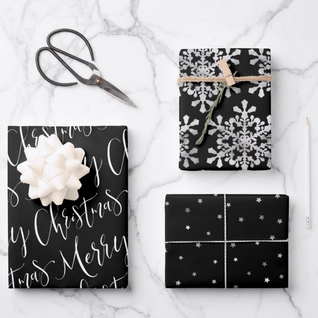Black and white Merry Christmas Snowflakes set Wrapping Paper Sheet (Front)
